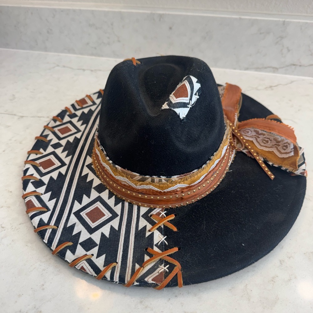 Black Western Fedora with Aztec Pattern and Leather Accents